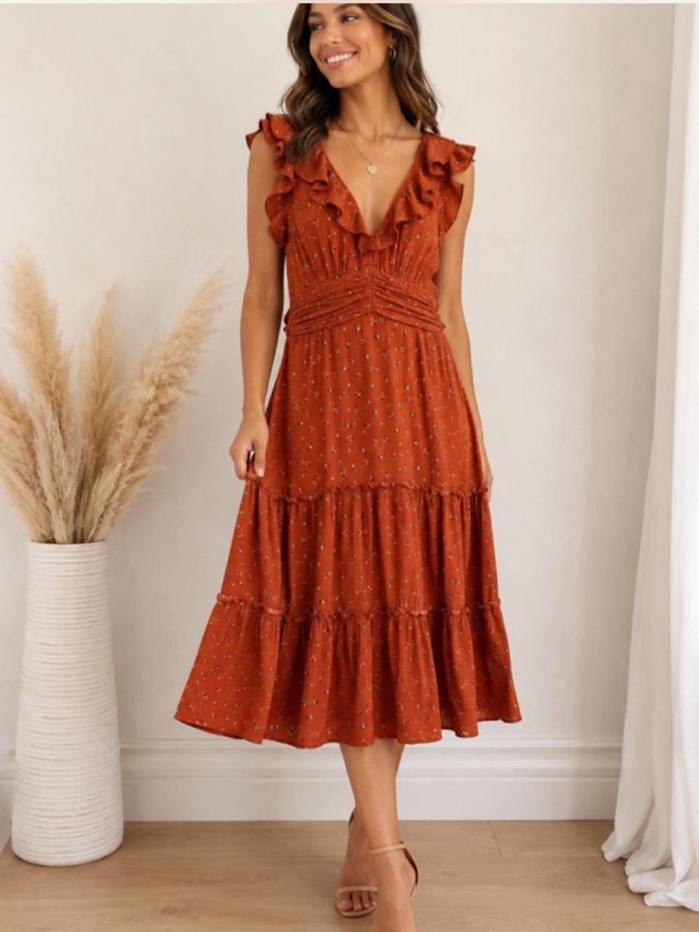 Bohme Rust Floral Ruffle Midi Dress